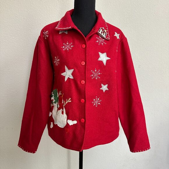 VTG Christmas Jacket Women Medium Wool Blend Embroidered Snowman Brooch Red - Picture 1 of 9